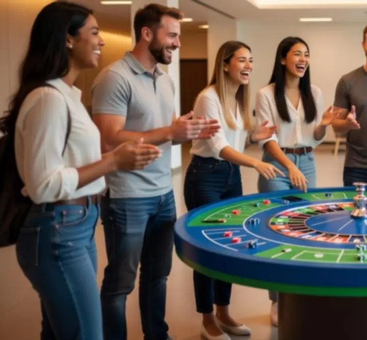Mladý tým během teambuildingu ve stylu kasina s interaktivními herními stoly